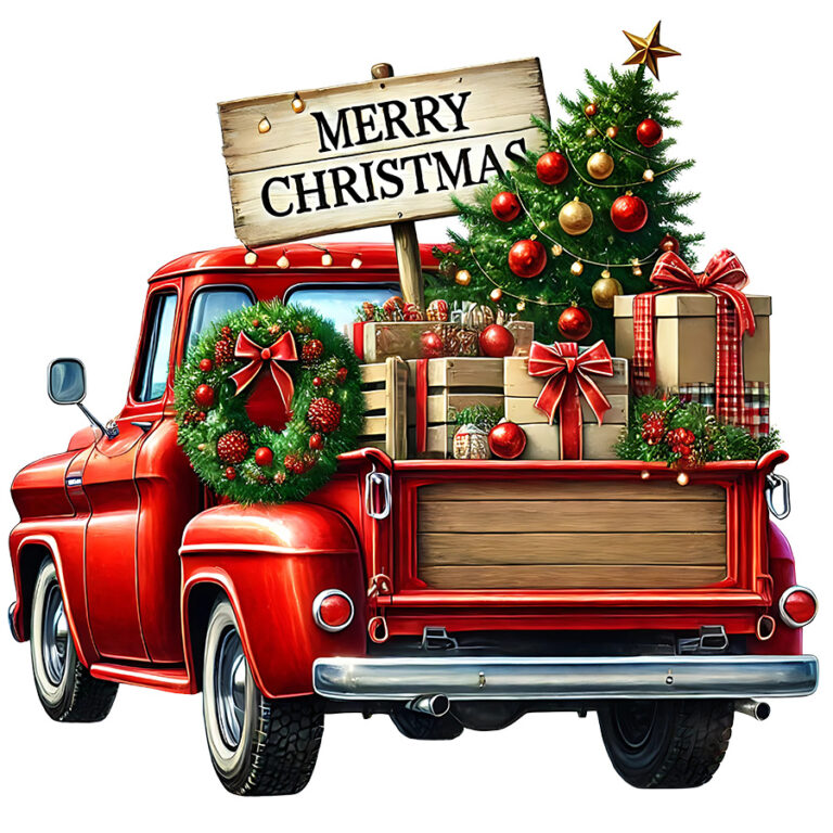 Vintage red truck with Christmas tree, gifts, and festive decorations on a DTF transfer.