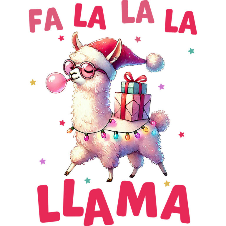 Fa La La La Llama Christmas DTF transfer featuring a llama in a Santa hat with Christmas lights and a gift – perfect for festive t-shirts and holiday gifts.