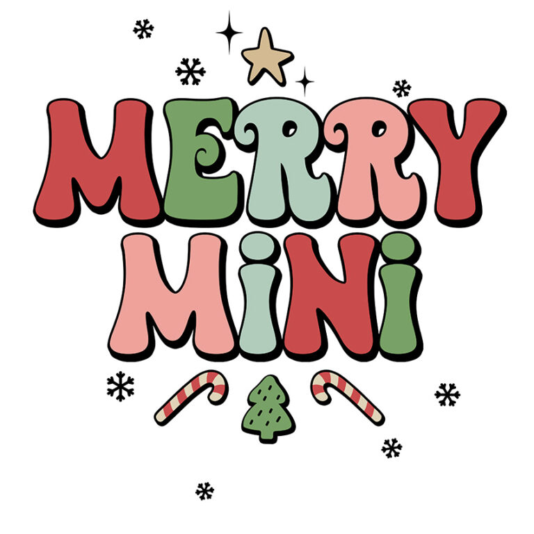 Merry Mini Christmas DTF Transfer with retro lettering, candy canes, and Christmas tree design for holiday crafting.