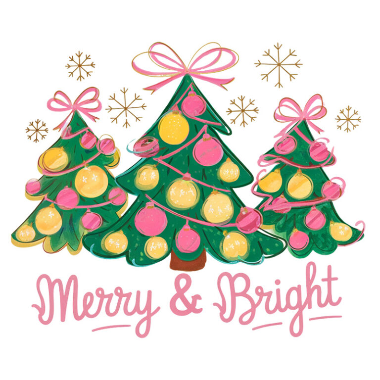 Merry and Bright Christmas Tree DTF Transfer featuring pink and yellow ornaments with bows.