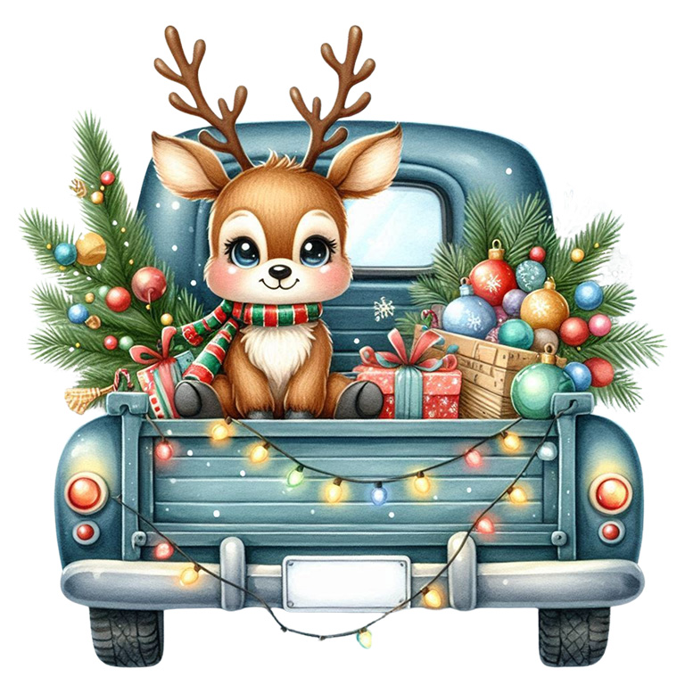 Christmas vintage truck with reindeer, decorated with lights and holiday gifts, in a DTF transfer design.