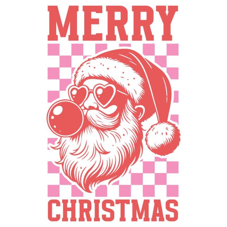 Bubble Gum Santa Christmas DTF Transfer Design - Festive Santa blowing bubble gum with retro checkered pink background.