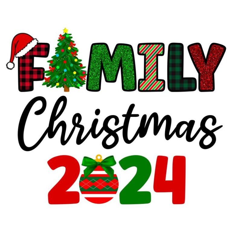 Family Christmas 2024 DTF Transfer featuring festive lettering, a Christmas tree, Santa hat accents, and ornament details in vibrant holiday colors.