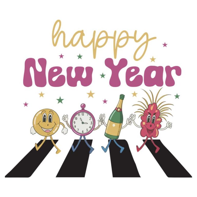 Happy New Year 2025 DTF Transfer featuring whimsical characters (emoji, clock, champagne bottle, and grapes) walking across an Abbey Road-inspired crosswalk with colorful stars and festive lettering.