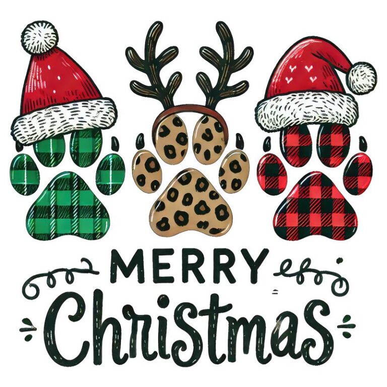 Merry Christmas design featuring three paw prints: one in green plaid with a Santa hat, one in leopard print with reindeer antlers, and one in red plaid with a Santa hat.