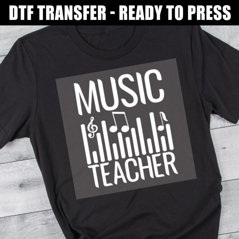 Music Teacher DTF Transfer design featuring music notes and a soundwave pattern on a black background.