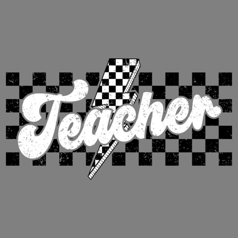 Gray background featuring the word "Teacher" in a bold script font with a vintage, distressed texture, lightning bolt graphic, and checkered pattern.