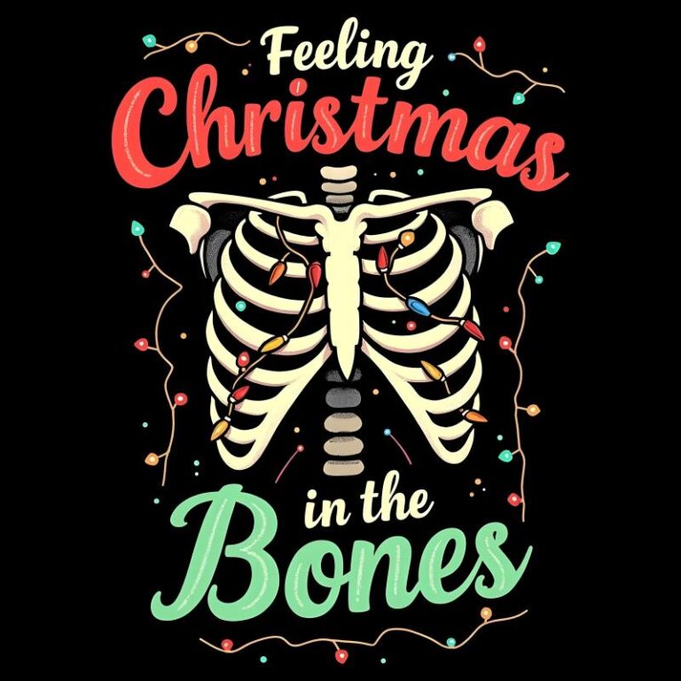 Feeling Christmas in the Bones design featuring a skeleton ribcage wrapped with colorful Christmas lights, perfect for a fun holiday DTF heat transfer.