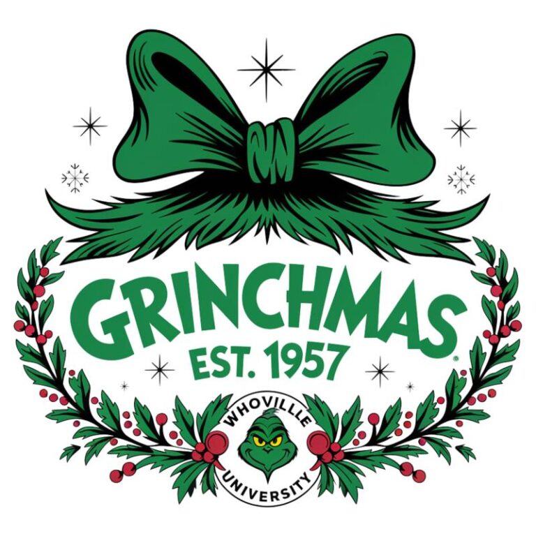 Grinchmas design featuring a green bow, festive wreath, and "Whoville University" emblem with "Grinchmas Est. 1957" text.