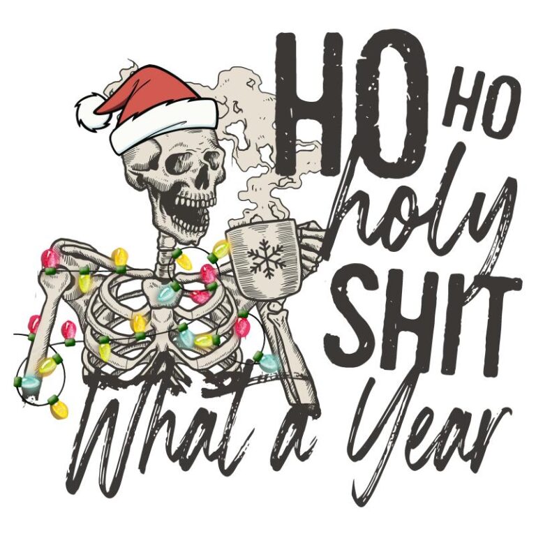 Ho Ho Holy Shit What a Year Funny Sarcastic Skeleton with Christmas Lights and Santa Hat holding a coffee mug.