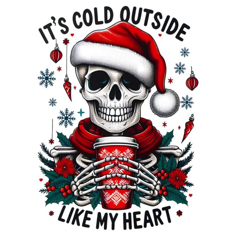 It's Cold Outside Like My Heart design featuring a festive skeleton in a Santa hat holding a holiday coffee cup, surrounded by poinsettias and snowflakes.