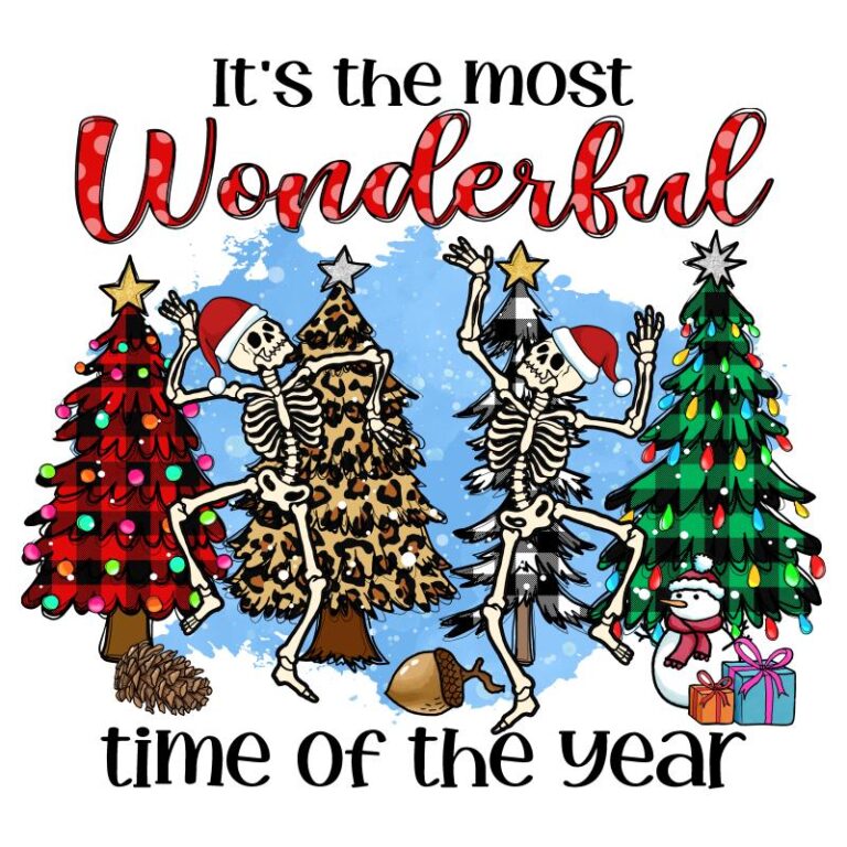 Skeletons dancing around plaid and festive Christmas trees with gifts, acorns, and holiday decorations.