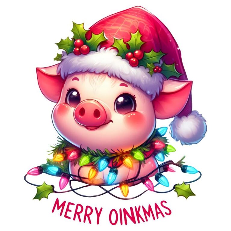 Adorable Merry Oinkmass design featuring a cute pig in a Santa hat surrounded by Christmas lights and holly.