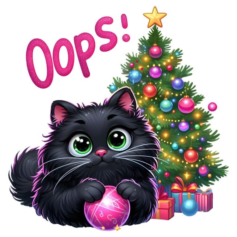 Black kitten with big green eyes playing with a pink ornament near a decorated Christmas tree, captioned "Oops!"