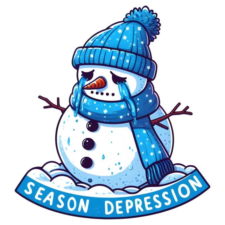 Sad snowman with a carrot nose, blue winter hat, scarf, and teardrops, captioned "Season Depression."