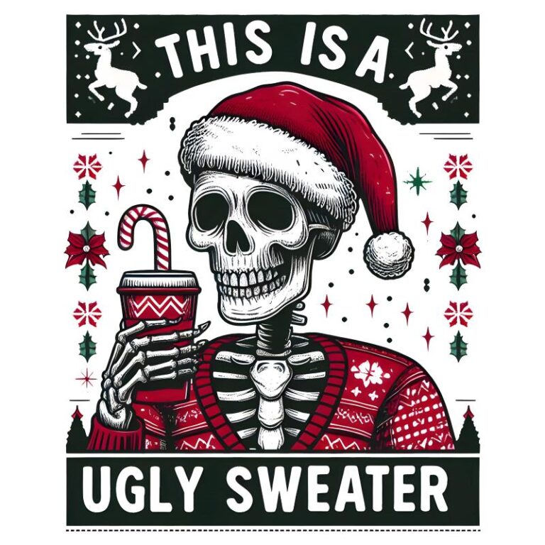 This Is A Ugly Sweater Skeleton design featuring a skeleton in a festive ugly sweater and Santa hat, holding a candy cane drink with holiday decorations.