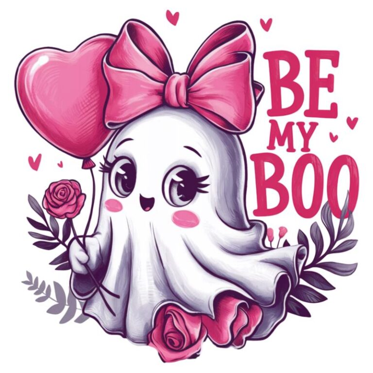 Cute ghost holding a heart-shaped balloon with "Be My Boo" text in pink tones, surrounded by roses and hearts, perfect for Valentine's Day designs.