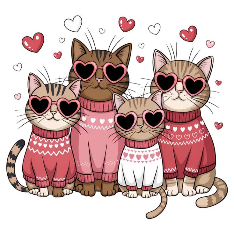 Valentine's Day DTF transfer featuring four cats wearing heart-shaped sunglasses and cozy Valentine sweaters, surrounded by floating hearts.