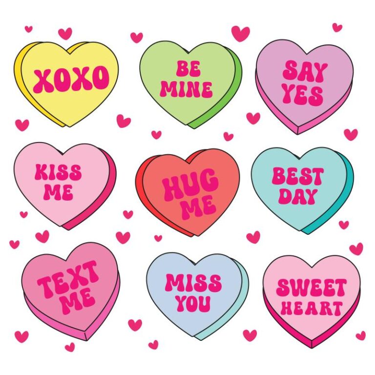 Bright and colorful conversation hearts design featuring love-themed messages like "Be Mine," "Hug Me," and "Kiss Me" surrounded by small hearts.