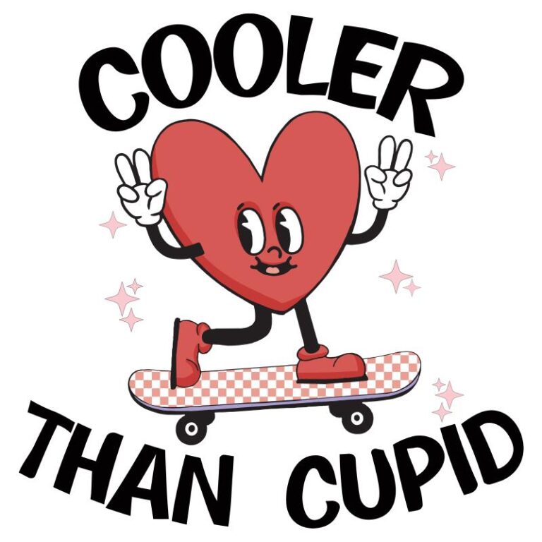 Cartoon red heart character on a skateboard with the text "Cooler Than Cupid" in bold black letters, surrounded by sparkling accents.