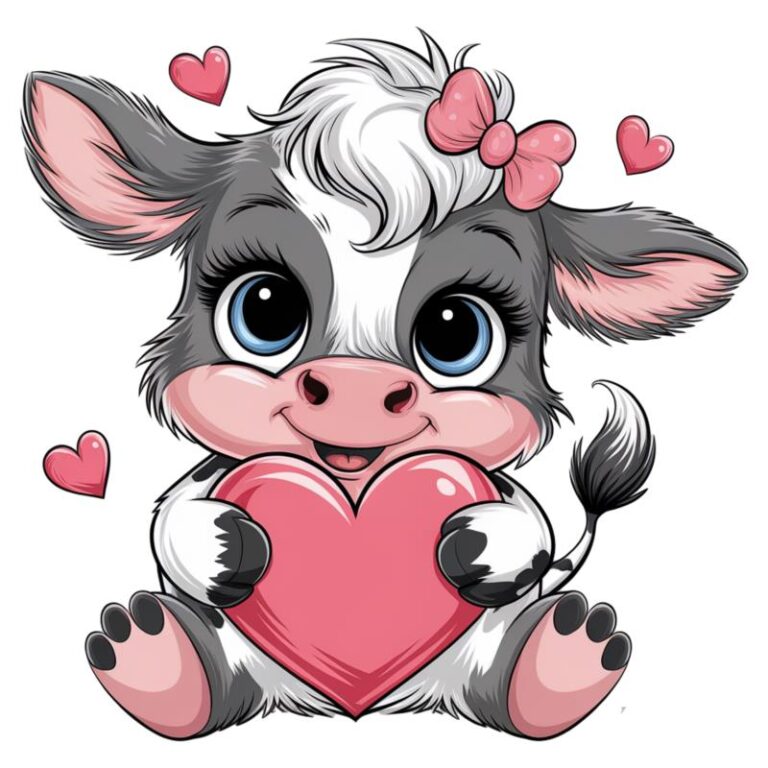 Adorable baby cow holding a pink heart with a pink bow on its head, surrounded by hearts, perfect for Valentine’s Day designs.