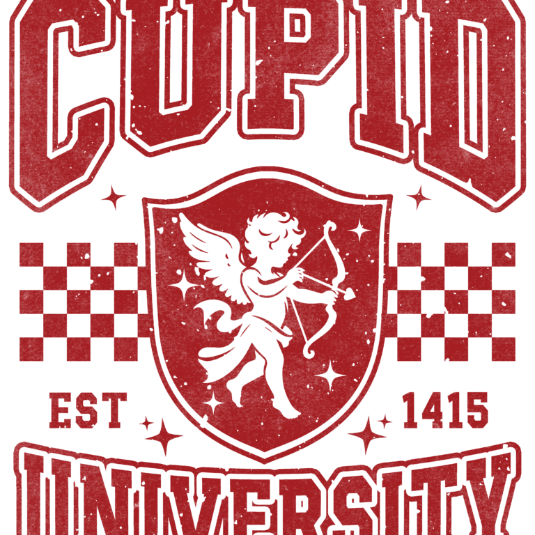 Cupid University design featuring bold varsity-style lettering, a shield with a Cupid graphic, and checkerboard accents, perfect for Valentine's Day crafts and apparel.