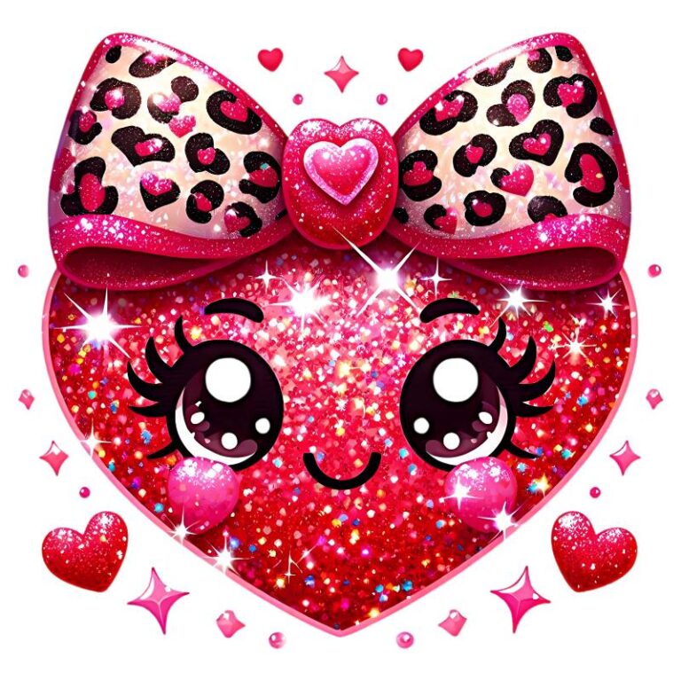 Valentine's Day DTF transfer featuring a glittery red heart with a leopard-print pink bow, sparkling accents, and adorable cartoon-style eyes.