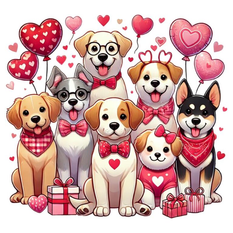 Valentine's Day DTF transfer featuring adorable dogs wearing bow ties, surrounded by heart balloons, gifts, and festive romantic details.