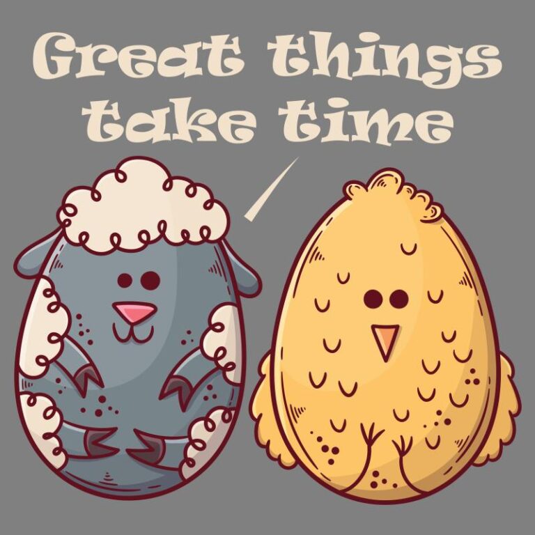 Easter heat transfer featuring a charming illustration of a sheep and chick with the phrase "Great Things Take Time," perfect for motivational and festive designs.