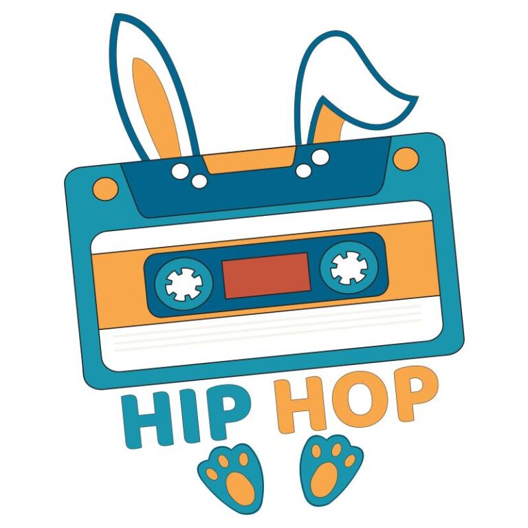 Easter heat transfer featuring a retro cassette tape with bunny ears and paw prints, accompanied by the text "Hip Hop," ideal for playful and nostalgic designs.