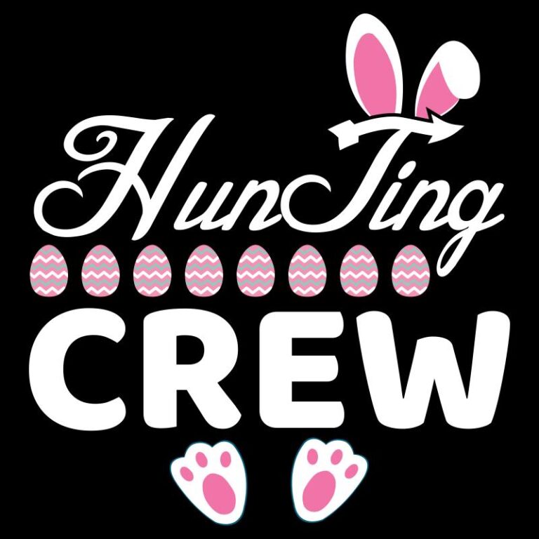 Easter heat transfer featuring the playful phrase "Hunting Crew" with bunny ears, pink chevron-patterned eggs, and bunny paw prints, perfect for festive and family-themed designs.