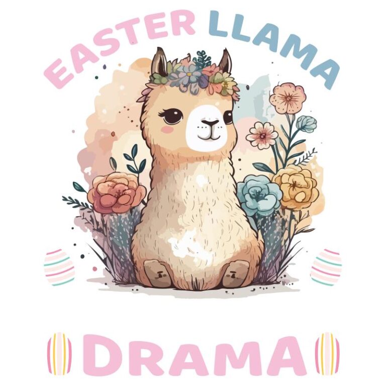 Easter llama heat transfer design featuring a cute llama adorned with a floral crown, surrounded by pastel flowers and Easter eggs, with text reading "Easter Llama Drama."