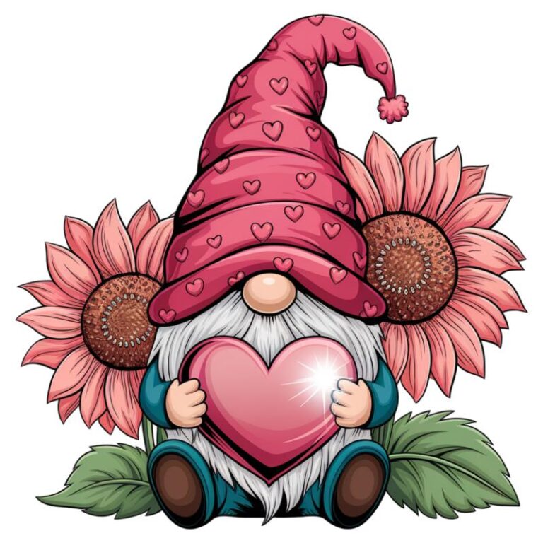 A cute gnome holding a pink heart, surrounded by vibrant sunflowers, wearing a pink heart-patterned hat.