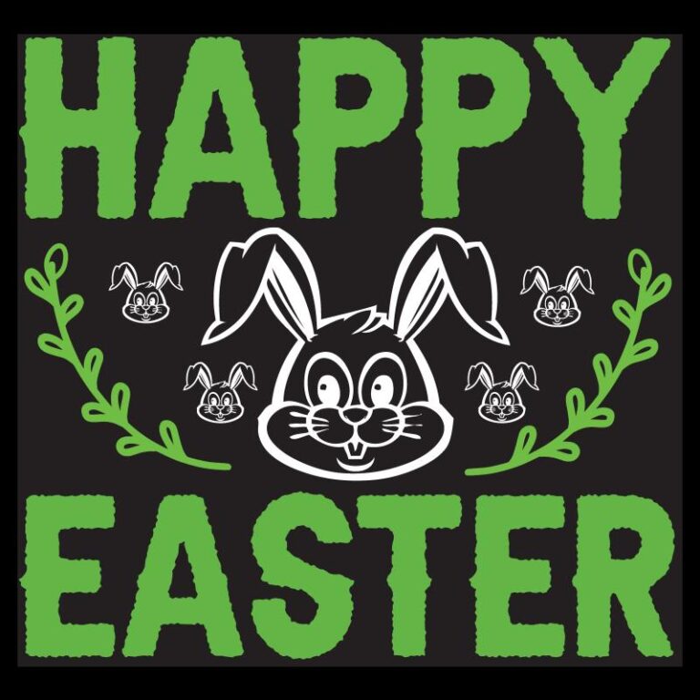 Green and white "Happy Easter" design with a bunny face, leafy branches, and playful accents, perfect for Easter-themed apparel or crafts.