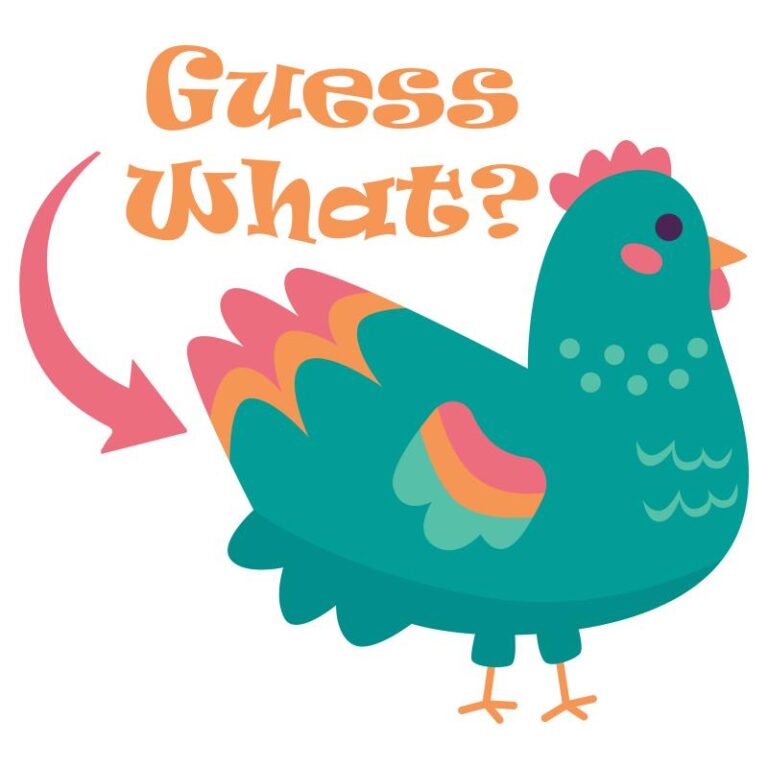 Easter heat transfer featuring a playful chicken in teal with colorful feathers, paired with the bold, whimsical text "Guess What?" and a curved arrow, perfect for festive designs.