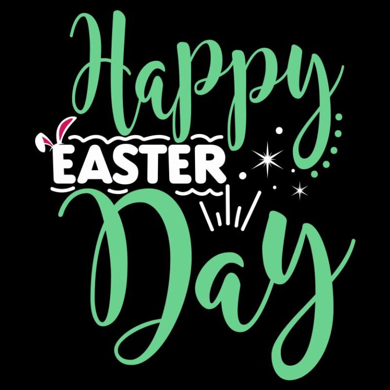 "Happy Easter Day DTF transfer featuring vibrant green script lettering with festive accents like bunny ears, stars, and decorative flourishes."