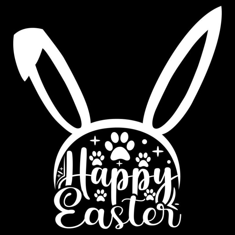 Easter heat transfer featuring a bunny ear silhouette with paw prints, stars, and the phrase "Happy Easter" in a playful script, perfect for festive DIY designs.