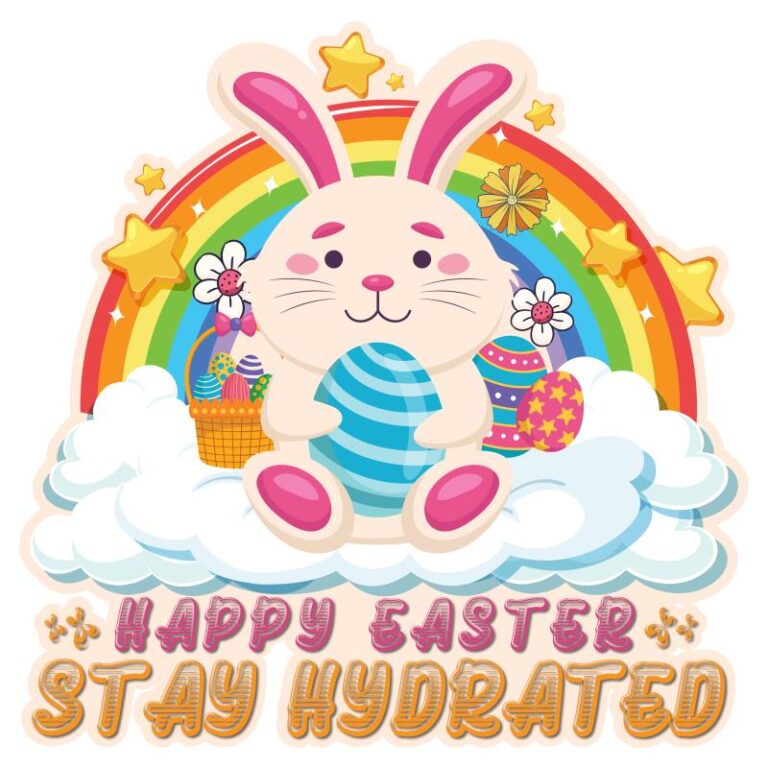 Easter heat transfer featuring a cheerful bunny holding a striped egg, sitting on clouds with a vibrant rainbow, stars, and festive Easter eggs, paired with the text "Happy Easter Stay Hydrated."