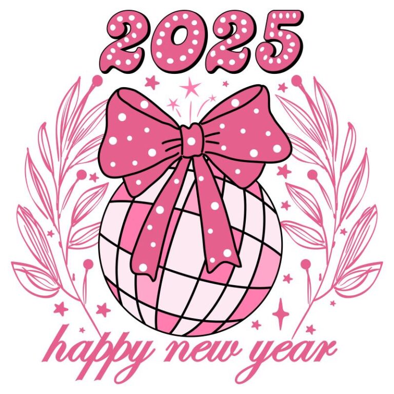 Happy New Year 2025 Pink Disco Ball DTF Transfer - Coquette Bow and Polka-Dot Design - Iron On DIY Heat Transfer