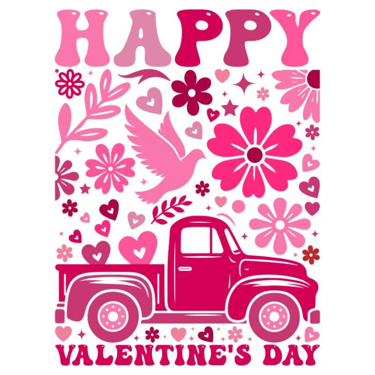 Retro Valentine's Day truck design with hearts, flowers, and a dove, perfect for festive DTF heat transfers.