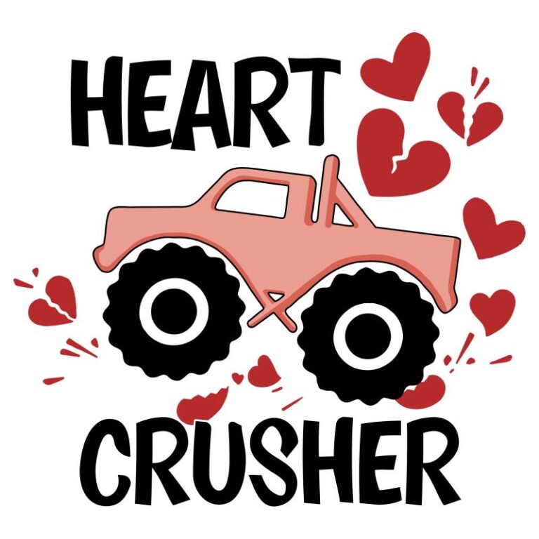 A playful monster truck crushing hearts design with bold "Heart Crusher" text, perfect for Valentine's Day projects.