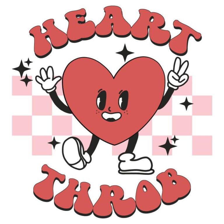 A cheerful red heart character with a retro vibe, surrounded by a pink checkerboard background and the words "Heart Throb" in bold, playful lettering.