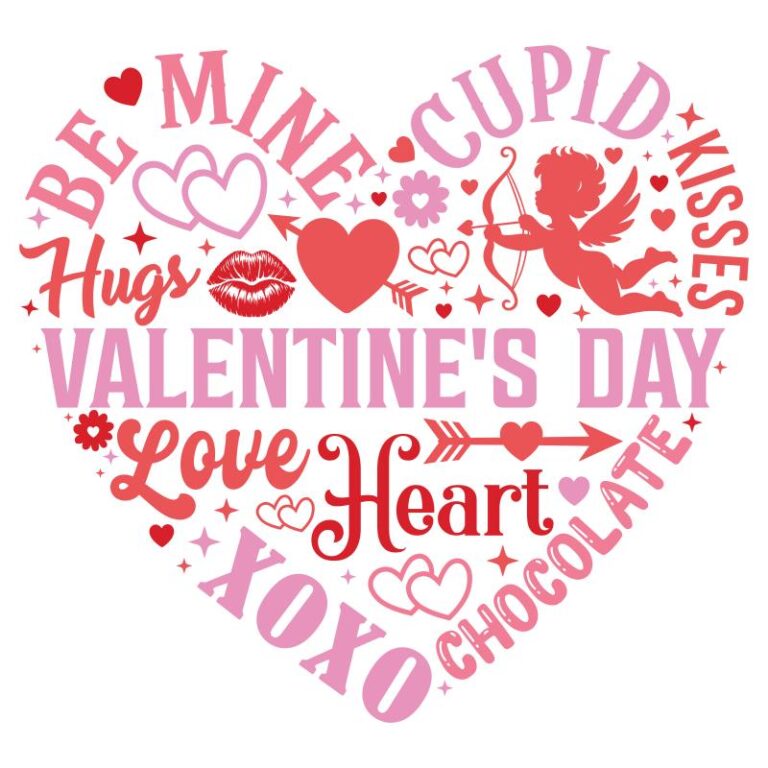 A heart-shaped word art design with Valentine’s phrases like "Be Mine," "Cupid," "XOXO," and "Love" in red and pink fonts, accented with hearts and arrows.