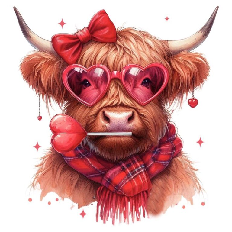 Highland cow with heart-shaped sunglasses, a red bow, plaid scarf, and a heart lollipop, perfect for Valentine's Day crafts and apparel.