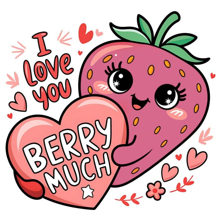 Cute "I Love You Berry Much" design featuring a smiling strawberry holding a heart, surrounded by adorable love-themed elements.