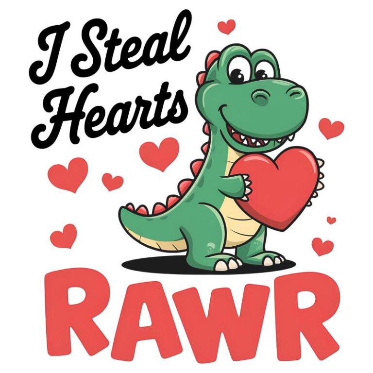 Cartoon-style green dinosaur holding a red heart with the text "I Steal Hearts RAWR," surrounded by smaller red hearts.