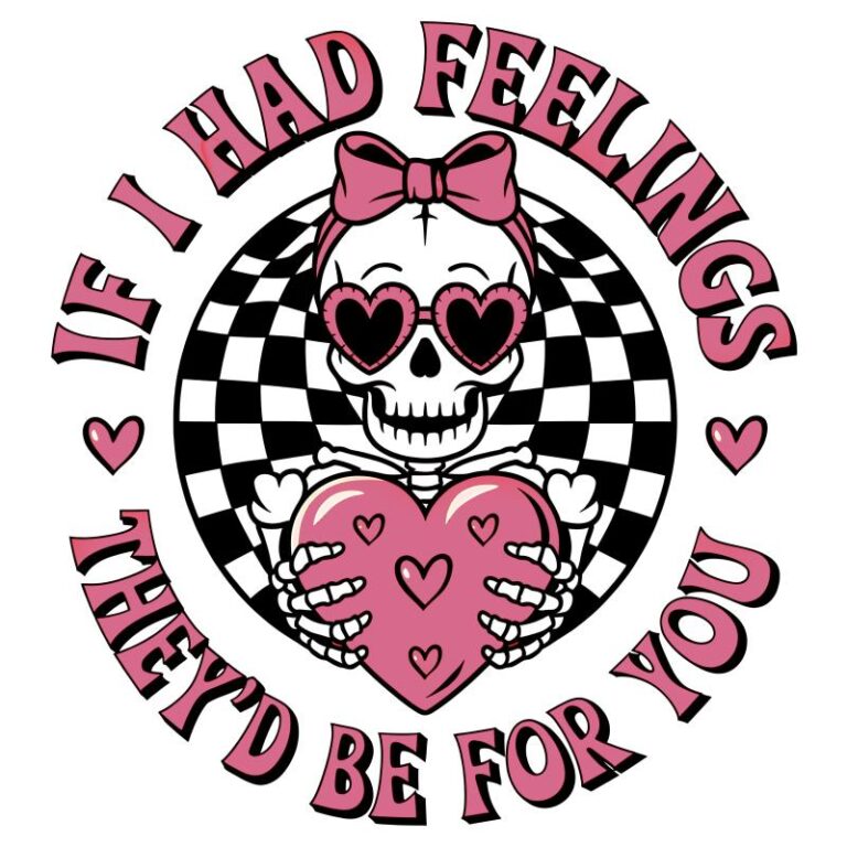 A whimsical disco skeleton with heart-shaped glasses holding a pink heart, surrounded by a black-and-white checkered background and playful Valentine’s Day text.