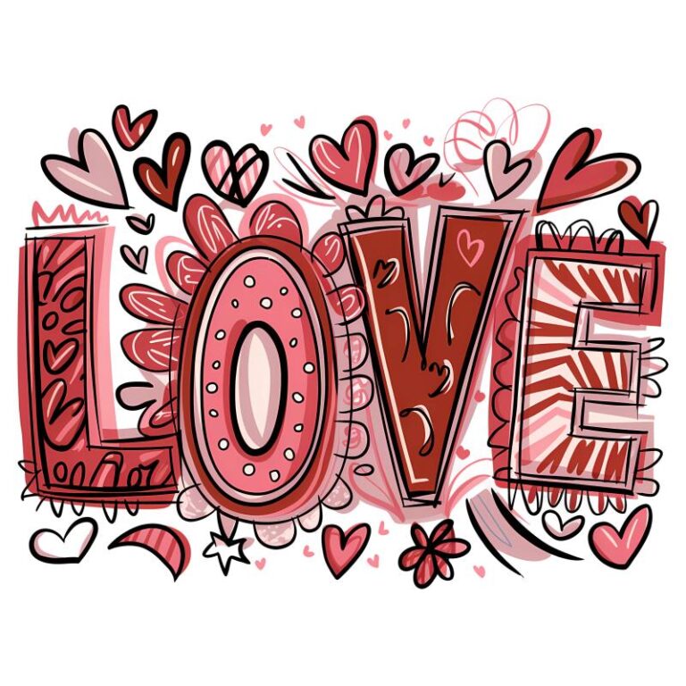 LOVE design in a playful graffiti style with hearts, doodles, and vibrant red and pink accents, perfect for Valentine's Day crafts and apparel.