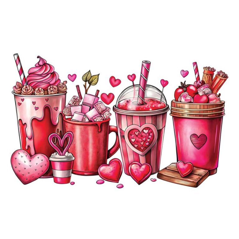 A collection of Valentine's-themed latte cups and beverages decorated with hearts, whipped cream, and candy, perfect for Valentine's Day apparel and crafts.