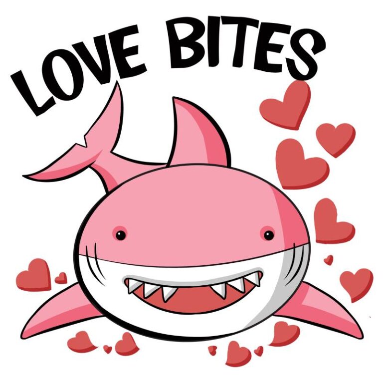 A cute pink shark surrounded by red hearts with the text "Love Bites" in bold black letters, perfect for Valentine’s Day designs.